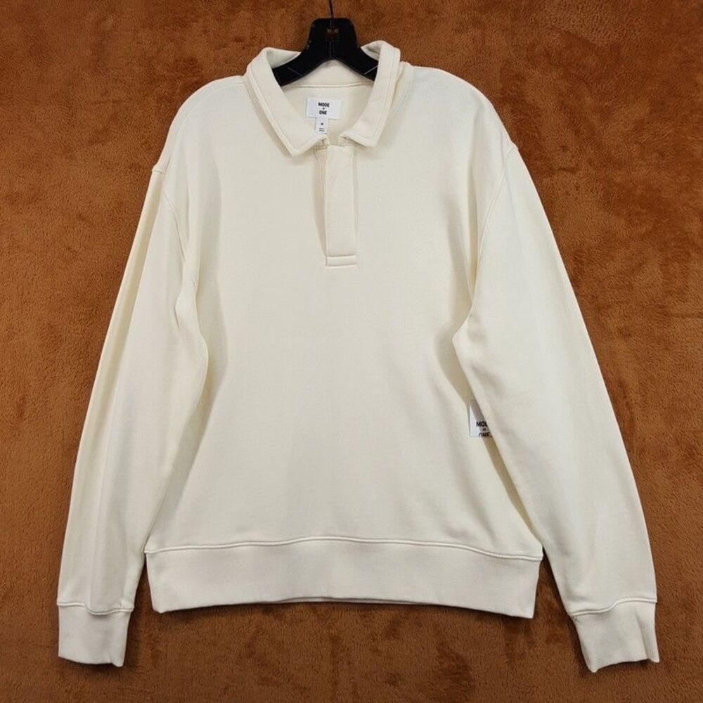 MODE OF ONE Sweater Mens Medium Cream Polo Collar Long Sleeve Terry Knit